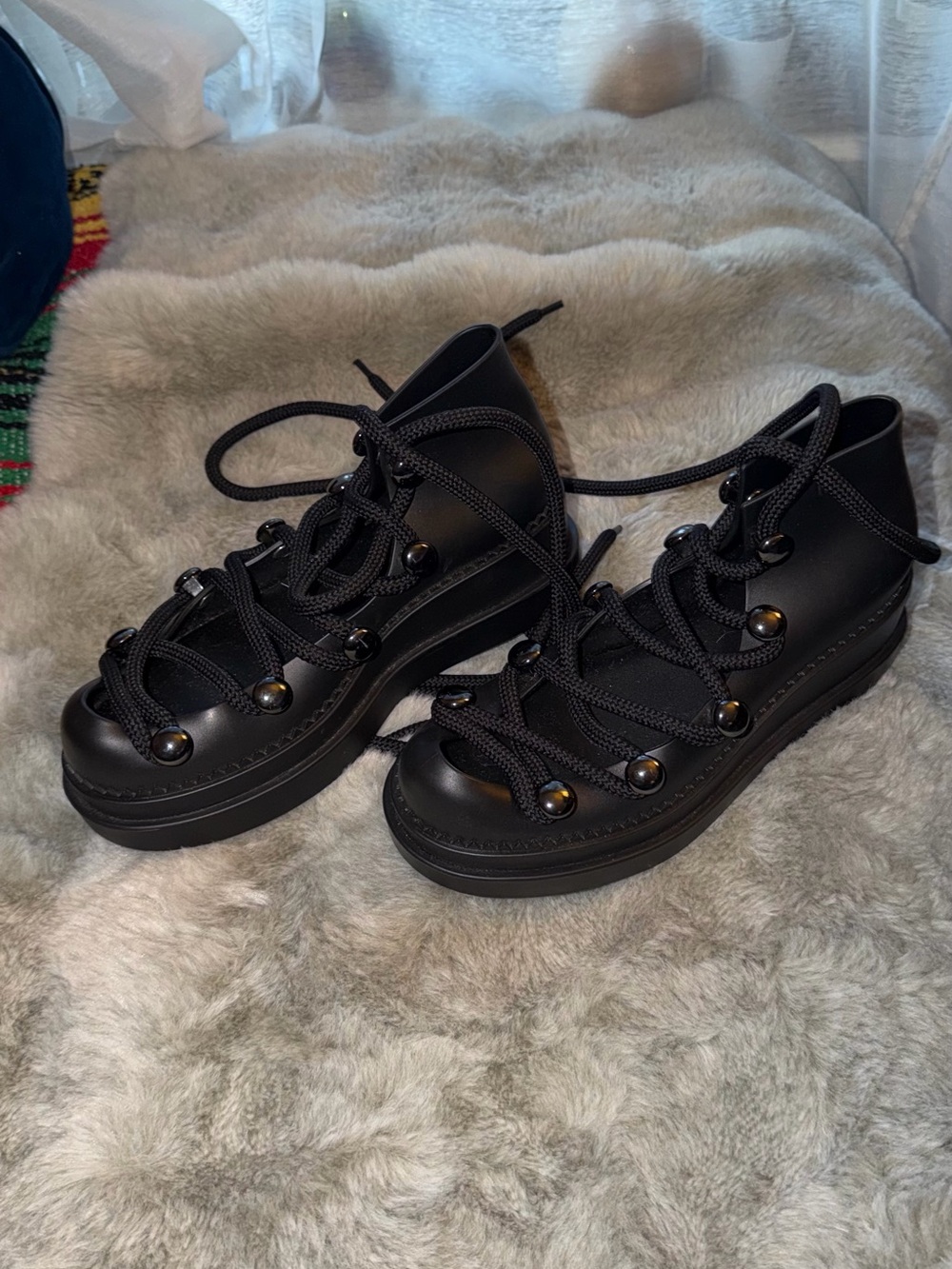 New Melissa Black Kick Off Lace Platform Boots Fat Lace-Up Women's Shoes Size 6